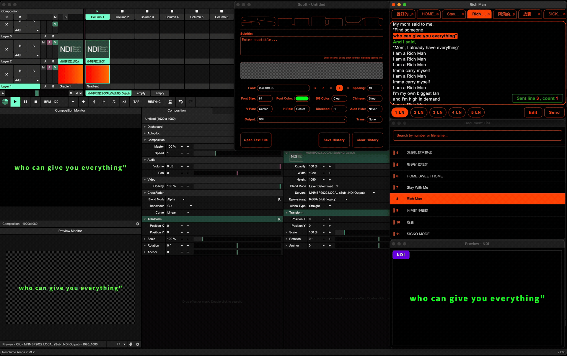 Sub!t NDI Output to Resolume Arena